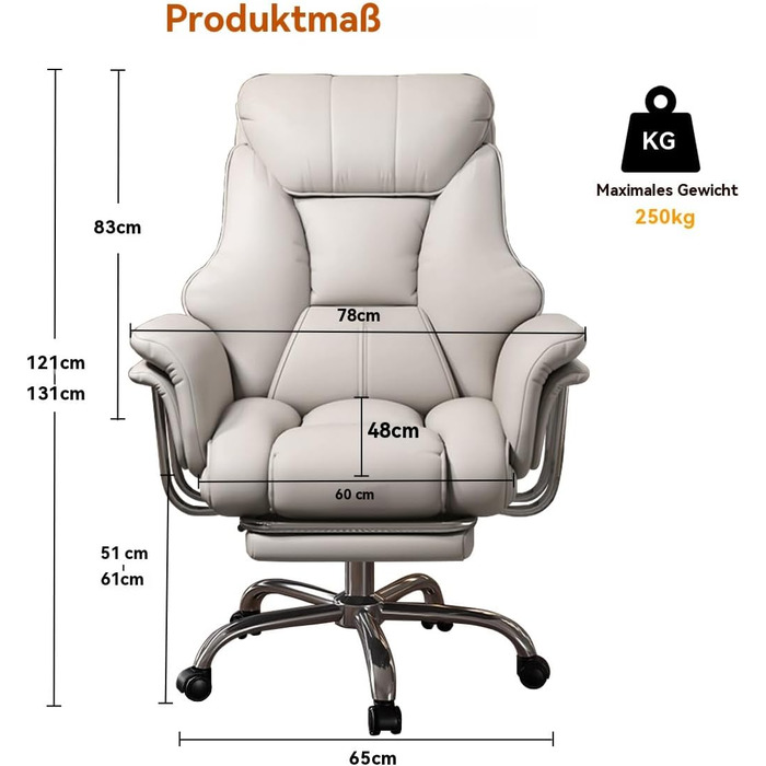 Велике та високе офісне крісло, вантажопідйомність 250 кг, надзвичайно широке шкіряне крісло керівника з висувною підставкою для ніг, міцне ергономічне крісло, комп&39ютерне крісло з регульованою висотою, біле, 59*49*120