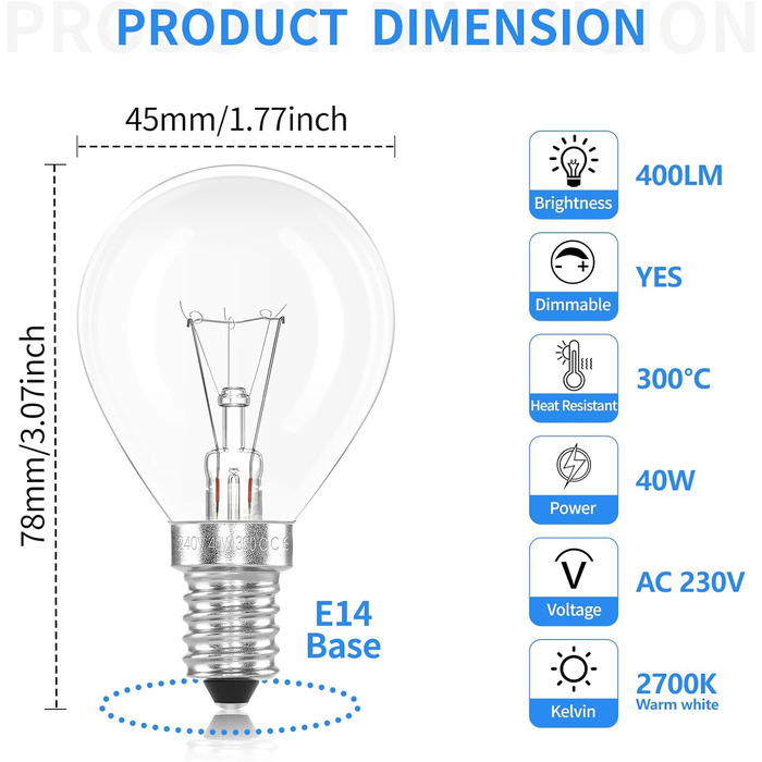 Лампа для духовки SCNNC, 300 градусів, термостійкість E14 з можливістю затемнення, духовка 230 В G45 400 лм Теплий білий 2700K, 45 мм P45 Прозора лампа для духовки E14 для духовки, лавова лампа, мікрохвильова піч, 5 упаковок