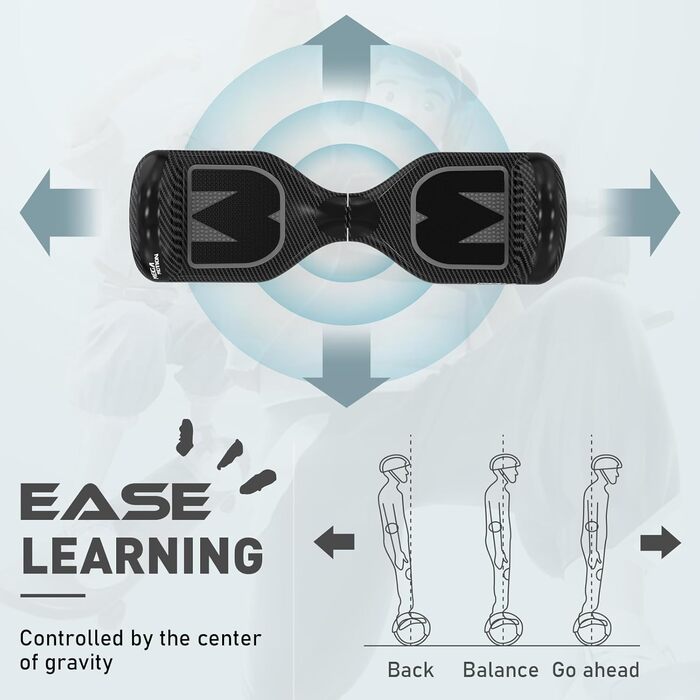 Гіроскутер MEGA MOTION 6,5 дюймів з ховеркартом – для дітей, молоді та дорослих, з Bluetooth-динаміком, світлодіодним підсвічуванням, чорний картинг