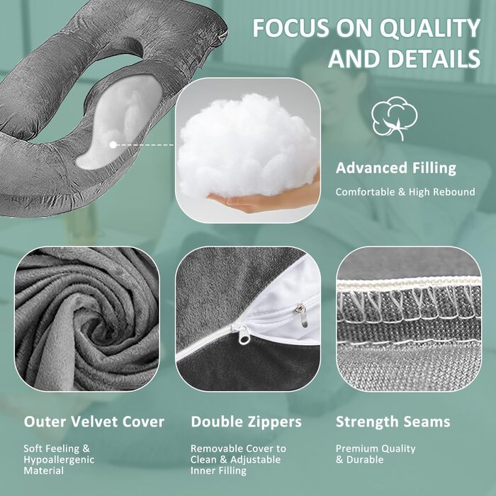 Подібна подушка для вагітних Chilling Home, подушка для сну на боці з чохлом, велика подушка для годування, підтримуюча подушка для жінок та тих, хто спить на боці (світло-чорна, оксамитова)