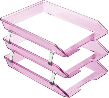 Лоток для листів Acrimet Facility з 3 рівнями та фронтальним завантаженням, лоток для листів/A4, настільний органайзер для файлів, пластик (колір кристально-рожевий)
