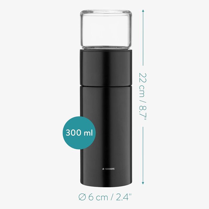 Чайна пляшка Navaris з нержавіючої сталі та скла з ситечком - пляшка для чаю 300 мл, чайник на винос - кухоль для чаю, пляшка для пиття, чайник для заварювання чаю з боросилікатного скла