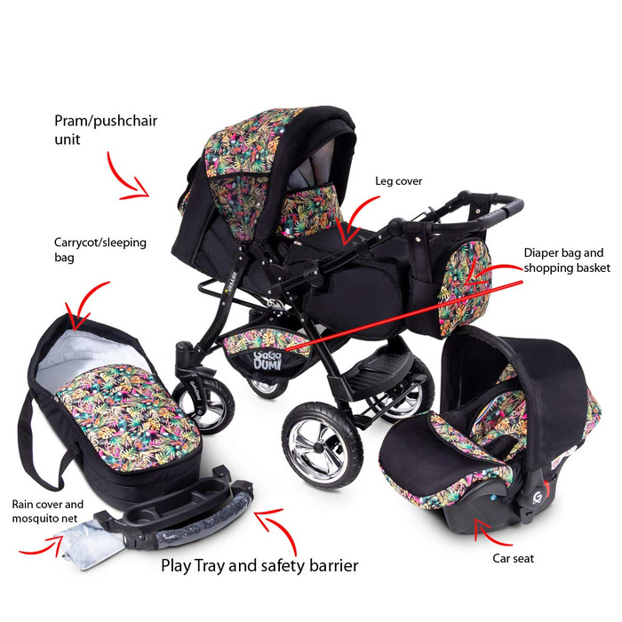 В 1 коляска коляска з автокріслом в комплекті дитяче автокрісло пеленальна сумка дощовик москітна сітка повна гума шини чорні/троп