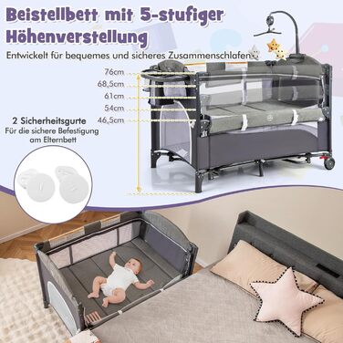 Дитяче ліжечко FANTASK 5-в-1, регульоване по висоті дитяче ліжечко з матрацом та колесами, дорожнє ліжечко з пеленальний столик, підвісні іграшки, музичний мобіль та ремені безпеки, колиска/колиска для малюків (синя)