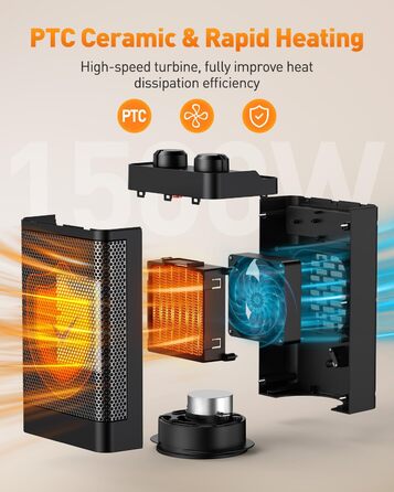Енергозберігаючий вентилятор-обігрівач, 1500 Вт, 3 режими нагріву, керамічний електричний нагрівальний елемент, коливання 70, захист від перегріву та перекидання, тихий кімнатний обігрівач для використання в офісі, вітальні, спальні