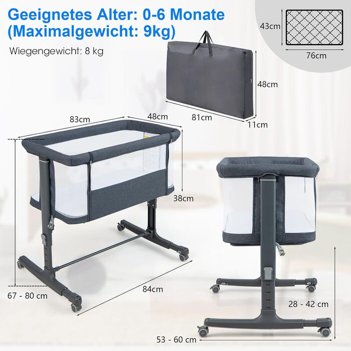 Ліжечко DREAMADE 2-в-1 Side-by-Side, дорожнє ліжечко з регульованою висотою на 5 рівнях з матрацом та колесами, колиска 86 x 63 см для дітей від народження до 9 кг, дитяче ліжечко з кутом нахилу 10 (модель 2 - темно-сірий)