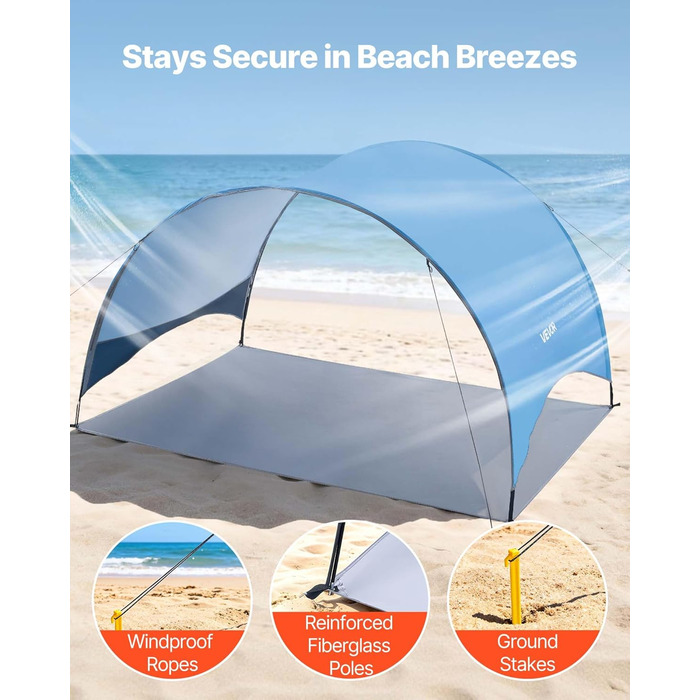 Пляжний намет-сонце VEVOR для 4 осіб, захист UPF 50, портативний пляжний намет з сумкою для перенесення та кілочками, легкий компактний пляжний парасолька для кемпінгу, риболовлі, пікніків, сонцезахисний намет
