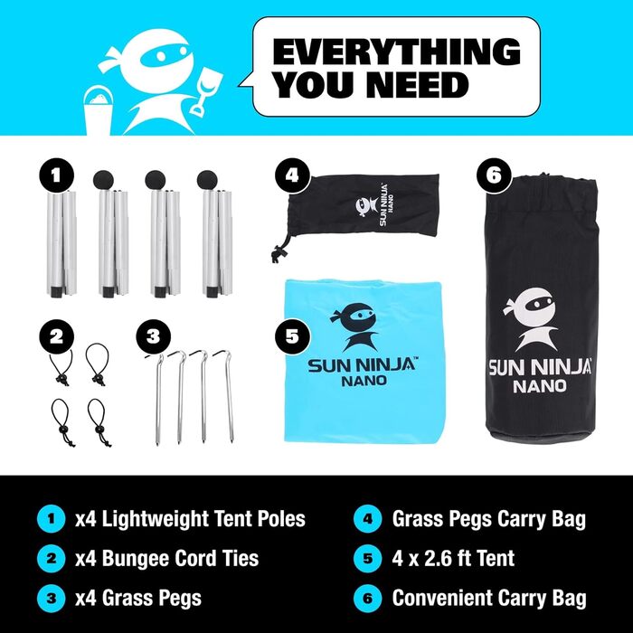 Міні-пляжний намет SUN NINJA від сонця - Маленьке пляжне сонцезахисне вітрило - Пляжний намет UPF50 з сумкою для перенесення - Півтінь - Легкий дорожній сонцезахисний намет - Пляжний намет - Sun Tent Nano Navy
