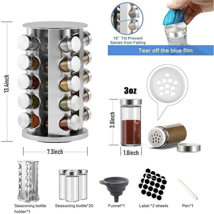 Карусель для спецій, підставка для спецій, що обертається на 360, 20 банок для спецій (порожніх), харчова нержавіюча сталь 430, обертова кухонна підставка для спецій, банки для спецій для струшування, з етикетковим папером та ручкою, 20 порожніх банок