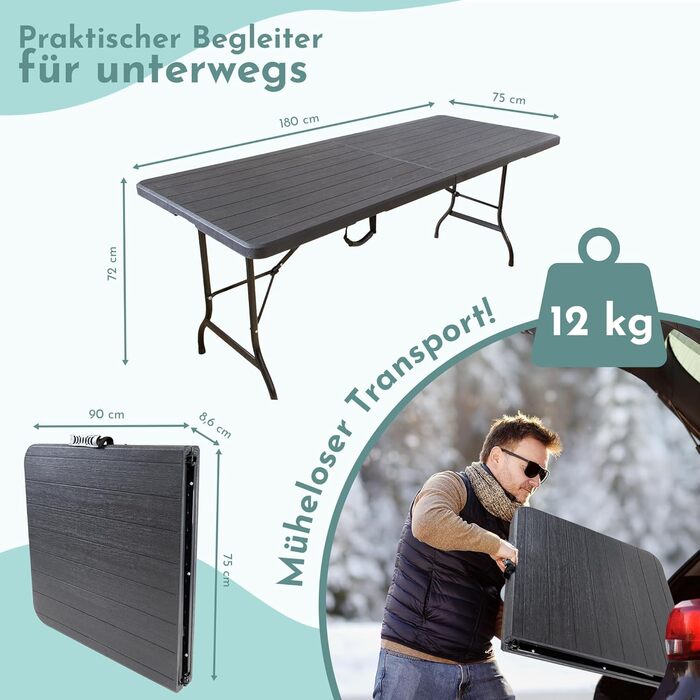 Розкладний стіл Lemodo 180 x 75 см Складаний садовий та фуршетний стіл до 150 кг, міцний стіл для вечірок з всепогодного чорного дерева, компактне зберігання у вигляді валізи з ручкою для перенесення, дерево/чорний