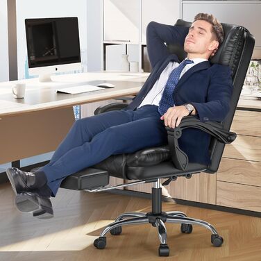 Офісне крісло naspaluro з підставкою для ніг, ергономічне робоче крісло, комп&39ютерне крісло зі штучної шкіри з м&39якими підлокітниками та м&39яким підголівником, функція нахилу, поворотне крісло з регулюванням висоти, чорне, без підігріву