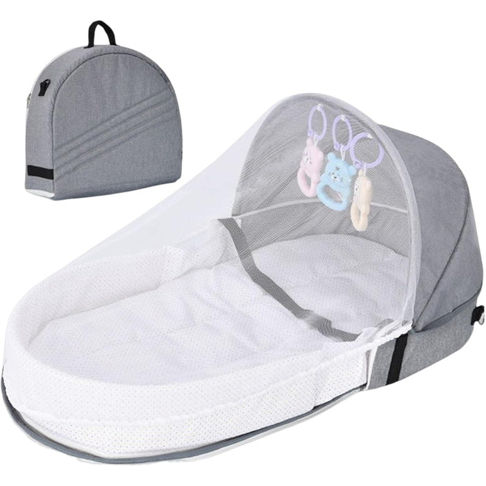 Дитяче ліжечко-дорожнє, складна колиска для ліжка Bionic, портативний намет-ліжечко для немовлят, з капюшоном від комарів, дитяча колиска для дітей 0-24 місяців, сірого кольору