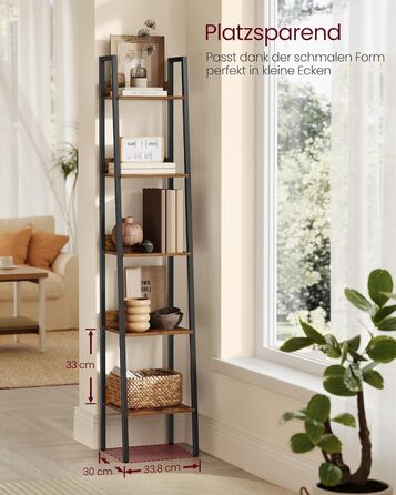 Книжкова полиця VASAGLE, драбина, 5 ярусів, вузька полиця, відкрита окремостояча полиця для кабінету, вітальні, спальні, кухні, промисловий дизайн, вінтажний коричневий-чорний LLS109B01 Вінтажний коричневий чорний 5 полиць (30 x 33,8 x 170 см)