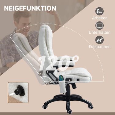 Офісне крісло Vinsetto з функцією масажу, ергономічне крісло керівника з підігрівом, функцією відкидання спинки, функцією гойдання, регулювання висоти, поворот на 360, комп&39ютерне крісло з бічною кишенею, оксамитовий вигляд ведмедика, білий (100 поліест