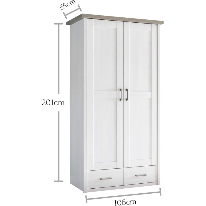 Елегантна шафа LUCA з 2 дверима для дитячої кімнати - Універсальна шафа з орними дверима та великим місцем для зберігання в кольорі &quotСосновий білий&quot / &quotТрюфель&quot - 106 x 201 x 55 см (Ш/В/Г)