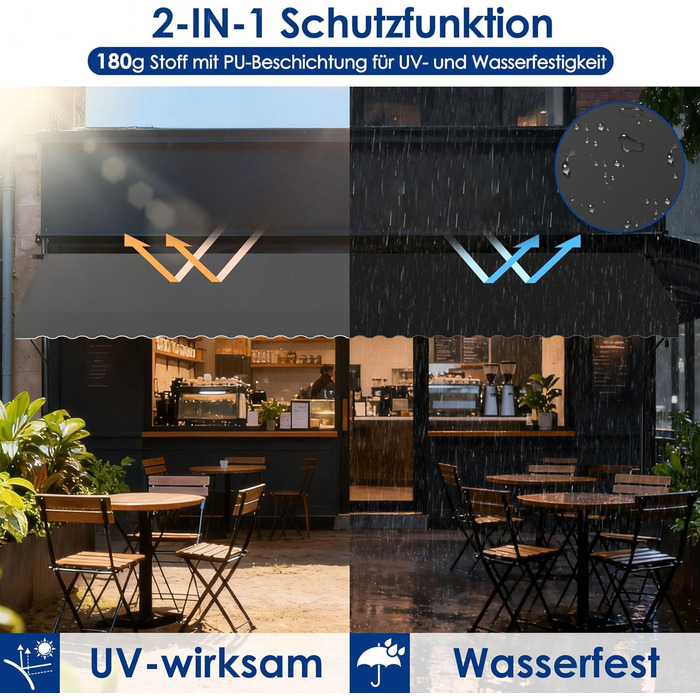 Тентовий тент із затискачем та кривошипом, шириною 350 см - Балконний тент без свердління, регульований, із захистом від ультрафіолету, захистом від сонця, водонепроникний, темно-сірий (3,50 x 1,20 м, темно-сірий) 3,50 x 1,20 м темно-сірий