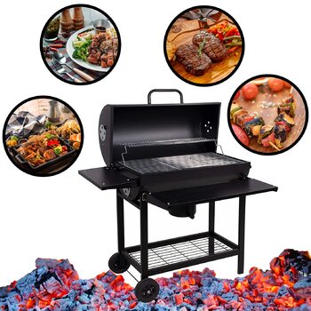 Гриль-візок XXL 103x110x59 см. Вугільний гриль з металевим корпусом та кришкою, решіткою для грилю, 2 колесами, полицею для зберігання, попільницею та регульованою системою вентиляції.