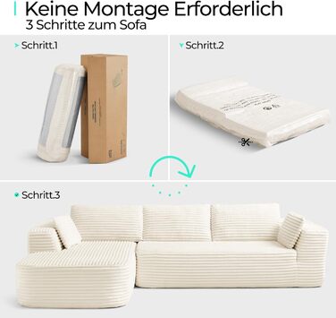 Кутовий диван LINSY HOME зі сном - Модульний розкладний диван з вельвету 270 см, L-подібний диван, 3-місний диван з пуфом, секційний диван для вітальні, не потребує складання, бежевий вельвет