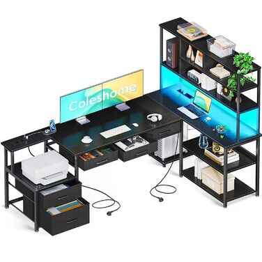 Кутовий письмовий стіл Coleshome з 5 шухлядами та 4 полицями, 200110 см, L-подібний стіл зі світлодіодним освітленням, розетками та USB-портами, великий стіл для домашнього офісу, чорний 200110 см