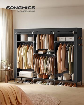 Шафа, Тканинна шафа для спальні, Шафа з вішалкою для одягу, Полиці, Бічні кишені, Велика, 4 відділення для вішалок, 45 x 189 x 180 см, Чорний RYG011BZ02 189B см