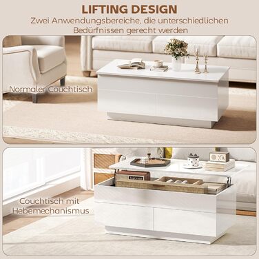 Журнальний столик HOMCOM з регульованою висотою, стіл для вітальні з підйомною стільницею, 2 шухлядами та прихованим місцем для зберігання, журнальний столик-диван для вітальні, білий глянець