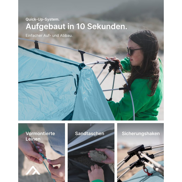 Великий пляжний навіс із захистом від ультрафіолету (UV80) для 3 осіб, включаючи піщані кілочки та сумку на колесах. Захист від сонця для сімей, дітей, немовлят або собак. Світло-блакитний