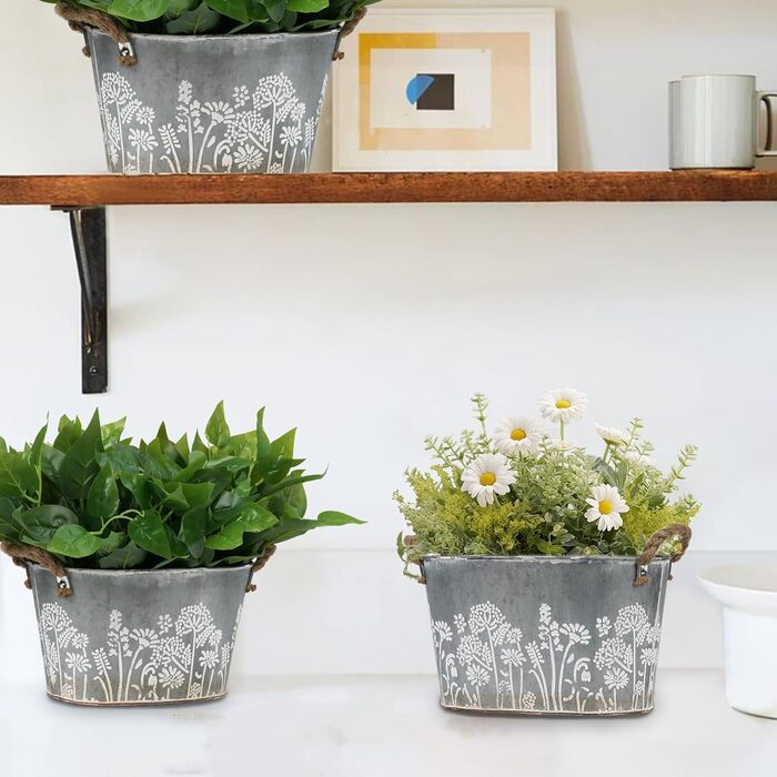Набір вінтажних вуличних квіткових горщиків, 3 предмети, оцинковані металеві горщики для рослин з мотузковими ручками, відра для квітів/горщики для трав для кухні, балкону та саду, 19/22,5/26 см