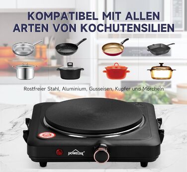 Варильна поверхня Homelux 1500 Вт варильна поверхня, індивідуально регульована 5 режимів нагрівання, варильна поверхня для кухні, офісу або кемпінгу, чорний 1500 Вт Чорний