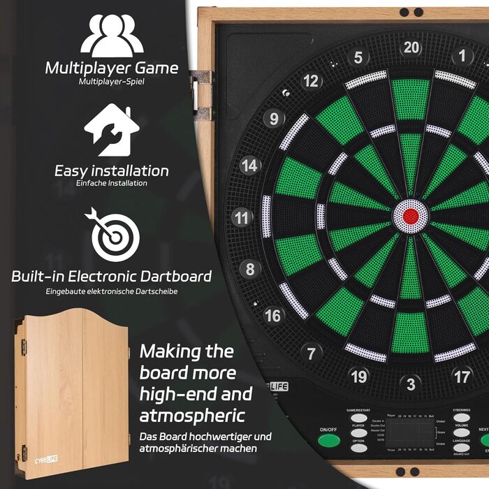 Електронна мішень для дартсу CyeeLife з дерев&39яним корпусом, електронний автомат для дартсу, мішень для дартсу з 34 іграми та 355 варіаціями, режим для 8 гравців, світлодіодний дисплей, німецький голос, стандартний колір