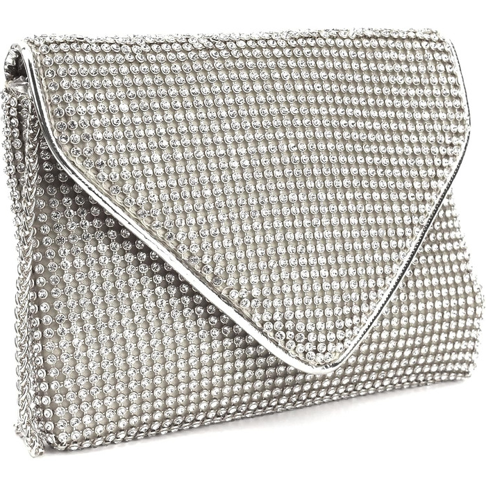 Сріблясте клатч-зчеплення з кристалами та знімним ланцюжком для вечірки, весілля, балу або банкету 06258
