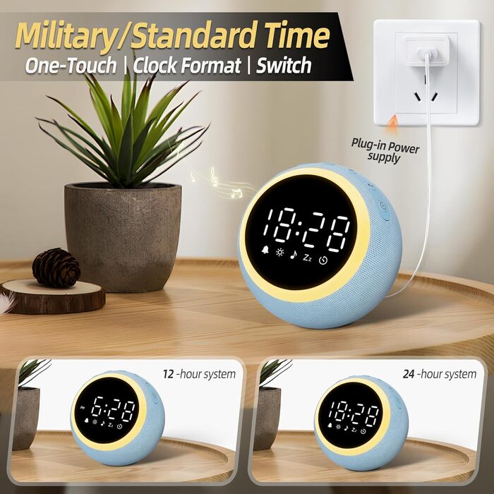 Розумний цифровий будильник з 25 розслаблюючими звуками, нічником, кнопкою повтору будильника, таймером та регульованою гучністю/яскравістю - білий шум для сну для дітей, дівчаток та дорослих у спальні, 12 см, синій