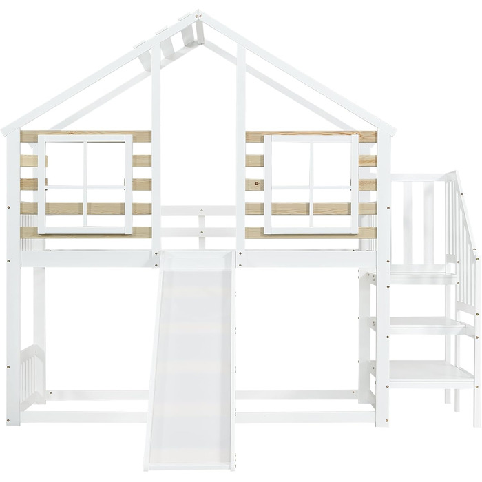 Дитяче двоярусне ліжко 90x200, ліжко-горище, дерев&39яне ліжко-будиночок зі сходами та гіркою, каркас ліжка із захистом від падіння та поручнями, ліжко з рейковою основою, каркас ліжка з масиву дерева, без матраца, білий колір