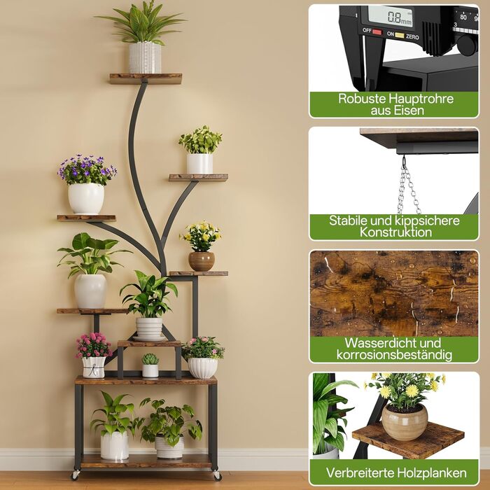 Підставка для рослин HAUSPROFI 154 см, 8-рівнева металева та дерев&39яна полиця для кількох рослин із фіксуючими колесами, декоративні квіткові сходи для саду та балкону - чорна (без лампи для вирощування)