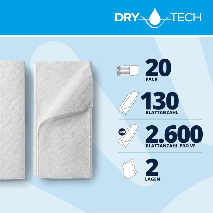 Паперові рушники DRYTECH Z-подібного форми, целюлоза, хвилеподібне тиснення, 2-шарові, білі (упаковка 2600 шт.) 130 аркушів (упаковка з 20) Паперові рушники Dry Tech Z-подібного форми, 407551