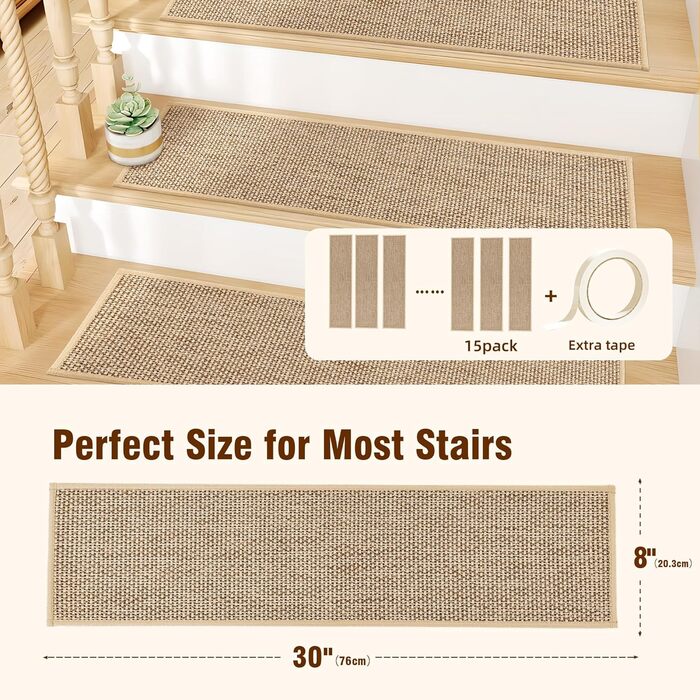Льняні сходинки Deerly, нековзні, для дерев&39яних сходинок, що знімаються та наклеюються, для внутрішніх сходів, із самоклеючою основою, 20,3 x 76,2 см, бежевий колір, 15 шт. 8&39 x 30&39 бежевий 15