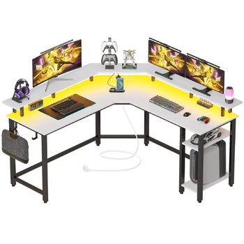 Г-подібний комп&39ютерний стіл Rolanstar з RGB-підсвічуванням та розетками, двосторонній кутовий ігровий стіл з місцем для зберігання та 2 гачками, комп&39ютерний стіл для офісу, кабінету, спальні (білий, 137 см) Білий 137 x 137 x 87 см