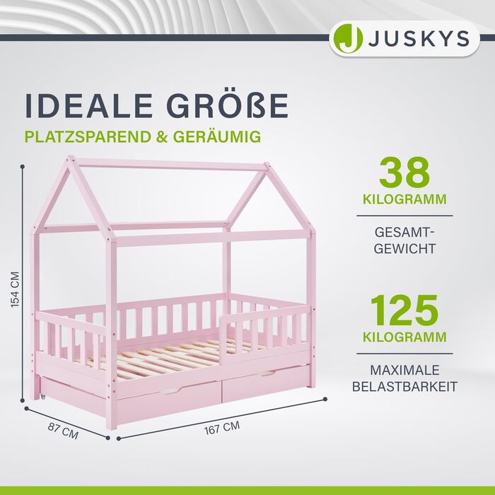 Дитяче ліжко Juskys Marli 80 x 160 см з матрацом, ящиком для ліжка, захисними поручнями, рейковою основою та дахом - Ліжко-будиночок з масиву дерева для дітей - Ліжко рожевого кольору