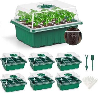 Теплиця для вирощування Feizeisun, 6 шт., 72 комірок, набір для міні-теплиці, міні-теплиця, ящик для вирощування в закритому приміщенні, піддон для вирощування теплиці з кришкою та вентиляцією для розсади, зелений