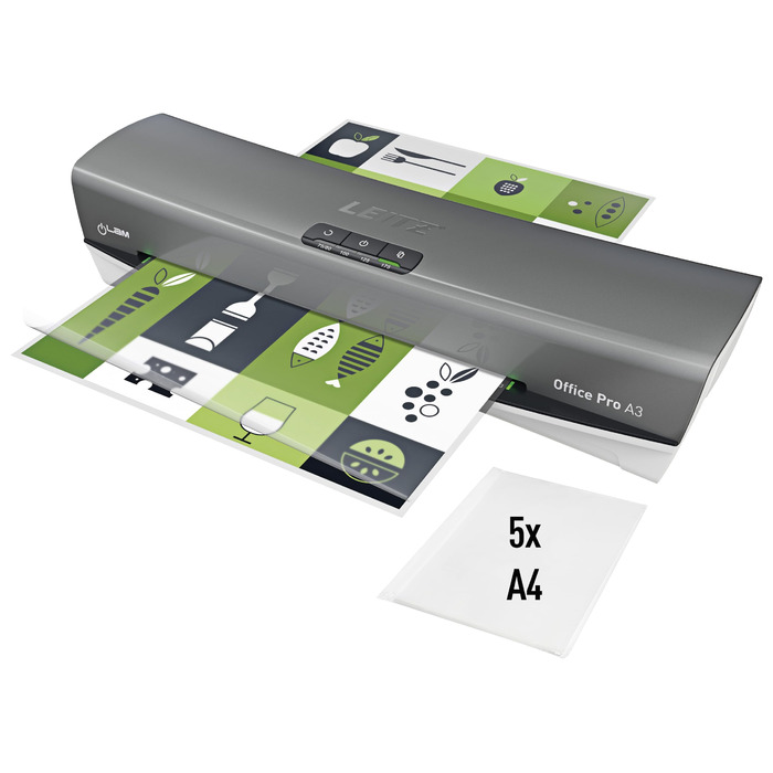 Ламінатор Leitz iLAM Office Pro A3, надшвидкий розігрів 1 хвилина, для плівок 75-175 мікрон, світлодіоди доступності та світлодіодний індикатор стану, функція захисту від застрягання, автоматичне вимкнення, стартовий комплект для роботи з плівками, сірий/