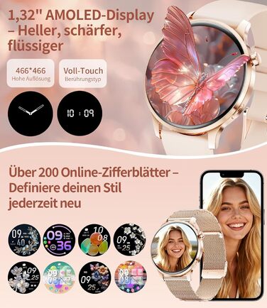 Жіночий смарт-годинник із функцією телефону, 1,32-дюймовий HD AMOLED-дисплей, елегантний наручний годинник для iOS та Android, понад 100 спортивних режимів, фітнес-годинник, крокомір, 24-годинний монітор серцевого ритму, монітор сну, водонепроникність IP6
