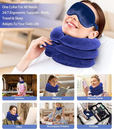 Регульований носильник для шиї надувна подушка для шиї з маскою для сну, підтримка шиї для шийного відділу хребта та полегшення болю в шиї для подорожей, роботи та кемпінгу (синій) Синій 1