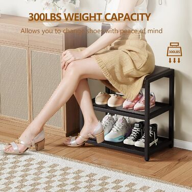 Лавка для взуття ZHOOGE із сидінням, лавка для зберігання, полиця для взуття з 2 дротяними полицями для передпокою, коридору, вітальні, металевий каркас, вантажопідйомність до 150 кг, 47 x 30 x 43 см, чорний
