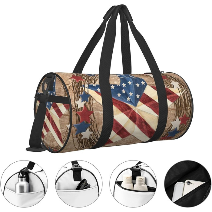 Спортивна сумка для подорожей, дизайн Американський патріотичний принт, Чорний колір, Універсальний розмір