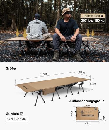 Складане похідне ліжко XXL, портативне кемпінгове ліжко, легке, складне, кемпінгове ліжко до 180 кг для намету, на природі, в подорожах, саду, в офісі (220 * 80 см) кольору койотового коричневого
