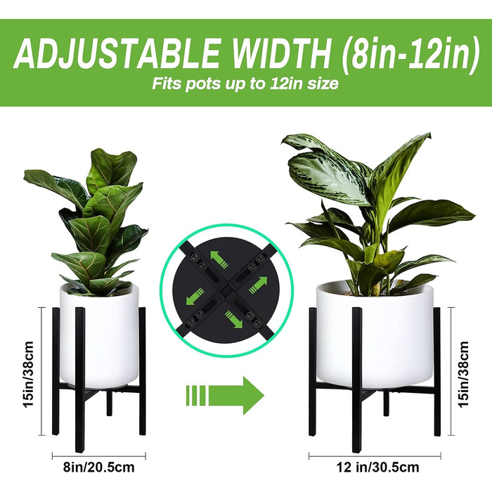Регульована підставка для рослин для використання в приміщенні та на вулиці, металева підставка для квітів, міцна монтажна рама, підставка для квіткових горщиків з лотками для горщиків різних розмірів, висота 38 см (1 упаковка, чорна)