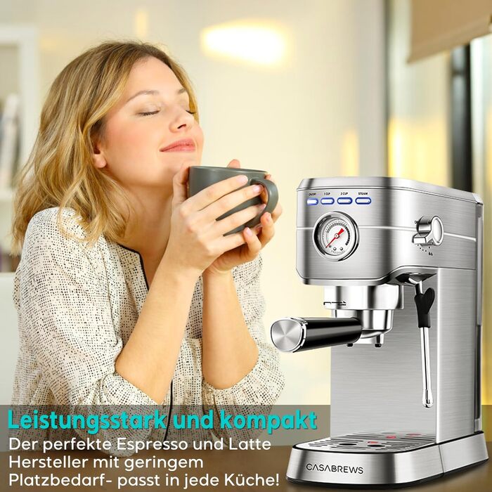 Еспресо-кавоварка з портовим фільтром 20 бар, еспресо-кавоварка з нержавіючої сталі з професійною капучинатором, маленька еспресо-