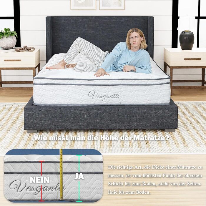 Матрац Vesgantti 30 см високий H3 7-зонний 160x200 см пружинний блок-пружинний матрац середньої жорсткості ортопедичний матрац з холодної піни сертифікований Oeko-Tex класичний матрац Box-Top H3, Box-top 30 см 160 x 200 см
