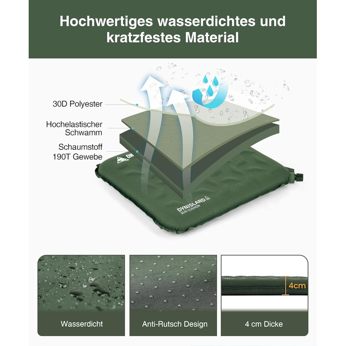 Самонадувальна подушка для сидіння 41 x 33 x 4 см, Складана подушка для сидіння на вулиці, Надлегка подушка для кемпінгу 150 г, Надувна подушка для походів, пікніків, Зелений рейнджер