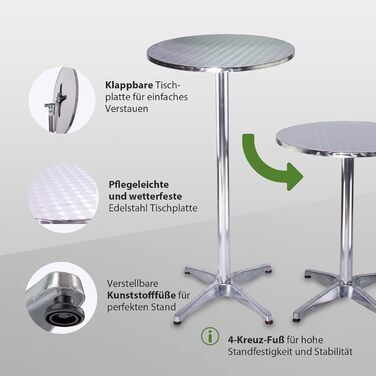 Складаний стоячий стіл 2-в-1, бістро-стіл, стіл для вечірки, регульована висота 70 см / 115 см, алюміній, круглий Ø 60 см, вуличний барний стіл, пивний стіл, садова вечірка