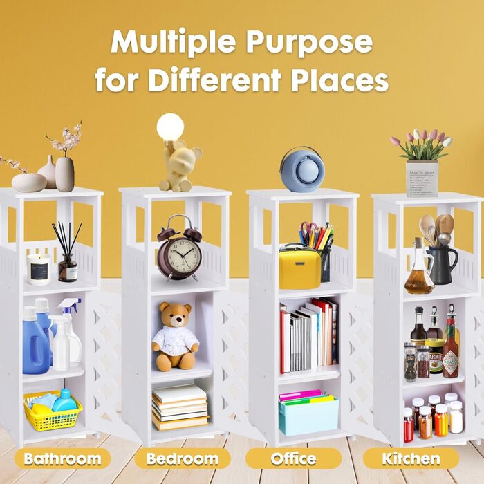 Невелика біла шафа для зберігання у ванній кімнаті, 3-рівневий окремостоячий органайзер з дверцятами, водонепроникна підлогова шафа для спальні, туалету, вітальні, офісу